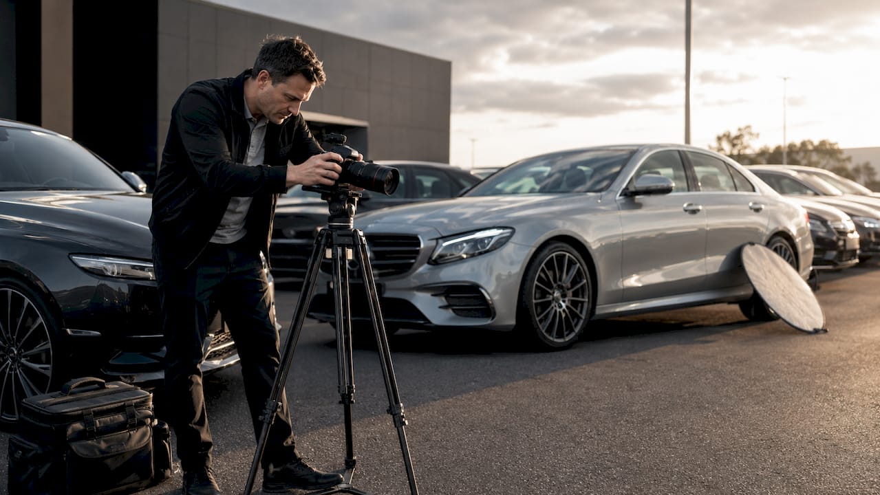 Automotive photographer preparing to shoot cars outdoors
