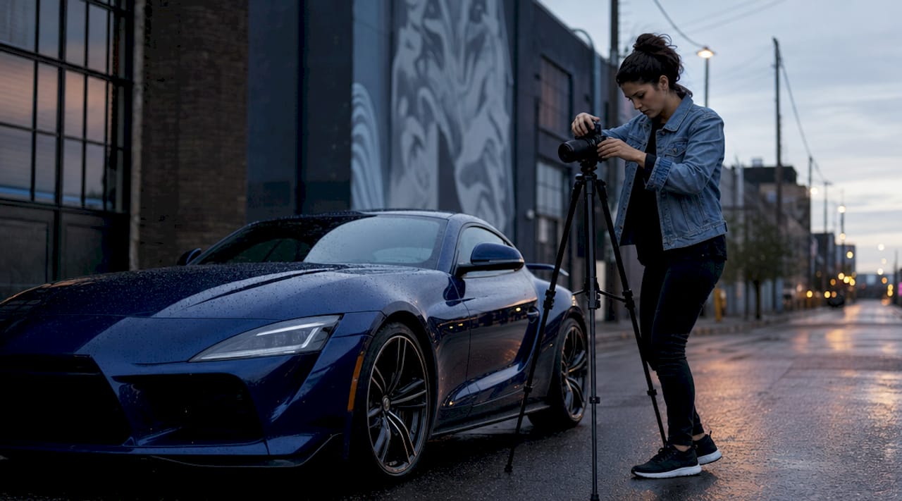 Photographer adjusting camera beside sports car at sunset
