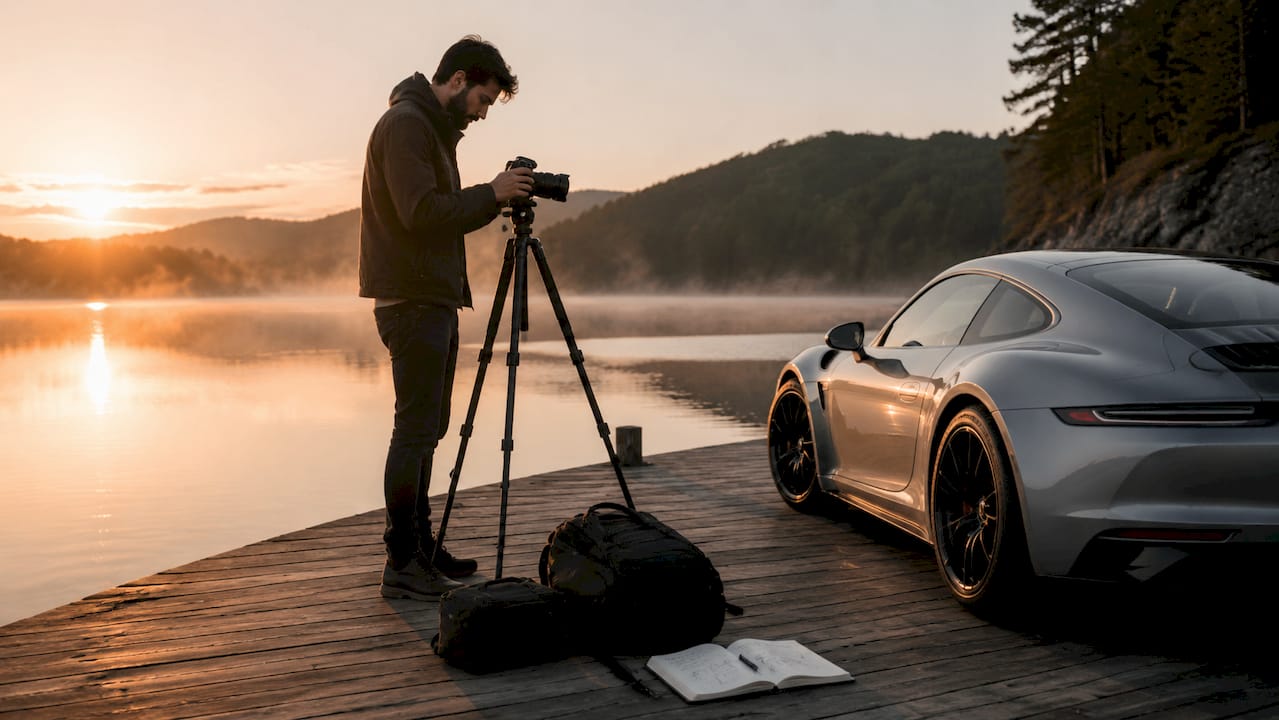 Photographer setting up automotive shoot at golden hour