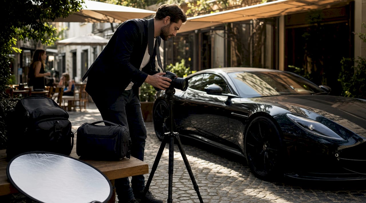 Photographer preparing to shoot car at sunrise