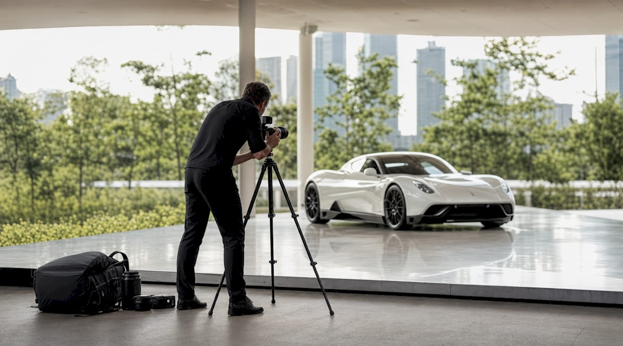 Photographer preparing luxury car studio shoot