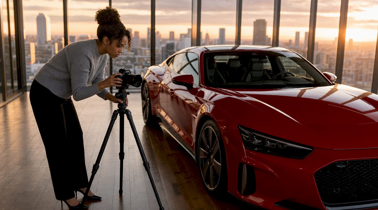 Photographer setting lighting for car shoot in studio