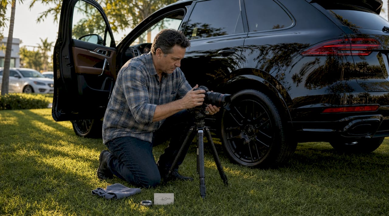 Photographer taking dealership vehicle photo outdoors